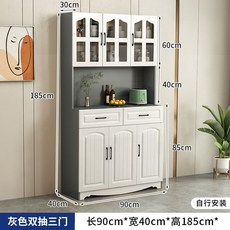 歐式廚房餐邊櫃 簡約碗櫃 儲物櫃 茶水櫃 酒櫃 60x40x185cm, 1個, 三門款【灰色櫃+白色櫃門】