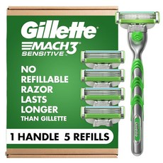 Gillette Mach3 남성용 민감성 면도기 1개 면도날 리필 5개 민감한 피부를 위한 디자인