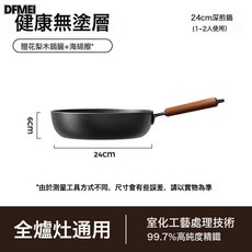 DFMEI 無塗層煎鍋家用極鐵炒菜鍋多功能煎炒鍋通用爐竈牛排煎鍋, 1個, 24*6cm煎鍋+花梨木鍋鏟+海綿擦*2, 如圖