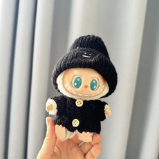 臺灣發貨-Labubu娃衣 僅衣服] 一二代Labubu衣服掛件拉布布坐坐派對娃衣針織毛衣帽子裝, 黑色木扣毛衣+黑色小號表情帽, 1個