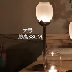 蓮花燈座 蠟燭臺 蠟燭燈臺 簡意空間 燭臺 禪意燭燈 鑄鐵油燈 複古燭臺 酥油燈攝影茶藝道具 KRB9, 黑色磨砂大號 （總高38CM)
