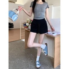 여성 드로스트링 반바지 요가 라이딩 스포츠 타이트 팬츠 그레이 아메리칸 캐주얼 엘라스틱 코튼 스트레이트 레그 핫걸 일상 운동 편한 신축성 허리조절 데일리, 라지, 검은색