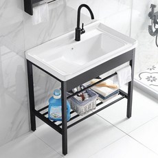 陶瓷洗衣盆不鏽鋼支架落地式洗手臺：超深洗衣槽、帶搓衣板，陽臺浴室櫃組合衛生間洗漱臺, 洗衣盆+黑色支架（配件齊全）,100CM, 1個