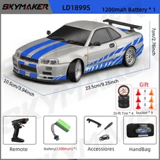 Skymaker LD1899 1/18 RC 표류 자동차 GTR R34 2.4GHz RWD 자이로 스코프 온로드 합금 바디 쉘 원격 제어 레이싱 카 선물, S-1B1200-9RB-YX01J