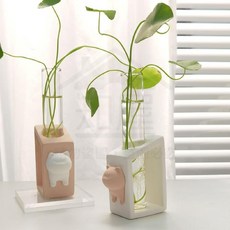 簡約現代玻璃檯面花瓶 可愛撞色桌面水培綠植擺件, 趴窗貓白色粉貓頭,隨機送1水培綠植