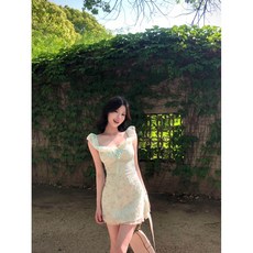 민트 그린 꽃무늬 미니 드레스 여름 스파게티 스트랩