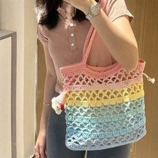 핸드메이드 와플 메쉬 가방 DIY 키트 겨울용 뜨개질 패키지 여성용 에코백 만들기 취미, 재료패키지 대형 컬러다이아 안감 없음, 1개