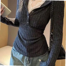 데일리룩 긴팔 여성 골지 레이스 슬림핏 티셔츠 59000EA 1EA, 그레이 M