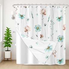 Nesphy 샤워 커튼 및 라이너 세트 수채화 플라워 세이지 그린 꽃 식물 라이너 양면 스테인리스 스틸 후크 욕실용 3-in-1 방수 원단 182.9 x 182.9cm(, 그린 플로럴