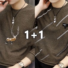 AOKADA 1+1 남성 라운드 오버핏 긴팔 티셔츠 사선 프린팅 가을 맨투맨 남자 상의 긴팔티