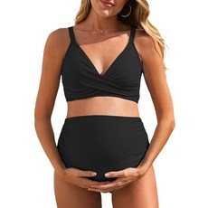 Summer Mae 임산부 비키니 수영복 컬러 블록 투피스 십자형 브이넥 수영복 하이 웨이스트 임산부 수영복 블랙. 14