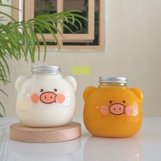 一次性卡通小熊透明PET塑料冷飲包裝瓶500ml帶蓋 (可開發票), 1個, 小豬500毫升+奶嘴蓋+吸管,10只