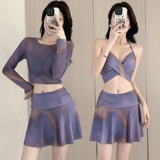 泳衣女夏分體比基尼長袖三件式聚攏溫泉度假大碼泳裝, L適合105-118斤