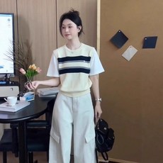 Yellwel 투피스 스트라이프 라운드 니트 반팔 티셔츠 여성 여름 DJP