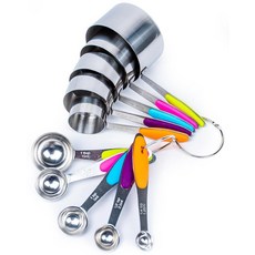 Dusico® 계량 컵과 스푼 10개 세트 - 요리 및 베이킹용 스테인리스 스틸 금속 컵 세트 다채로운 실리콘 손잡이가 있는 튼튼하고 쌓을 수 식기세척기 사용 가능 1218