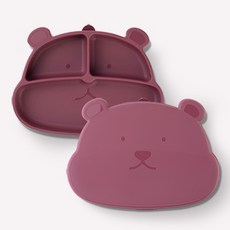 마미스테이블 유아용 먹자곰 흡착 푸드그레이드 실리콘 식판, 버건디, 1개, 식판 + 뚜껑