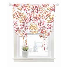 창문 여름용 타이 업 커튼 레드 오렌지 코랄 해안 로드 포켓 쉐이드 조절 가능한 풍선 밸런스 수채화 바다 식물 침실 주방 욕실 블라인드 86.4x114.3cm(34x45인치)