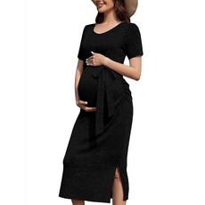 [ 939217 ] 구루이수 크루넥 반소매 임산부 드레스 리브 니트 사진 촬영 베이비 샤워 슬릿 의류 벨트 포함 블랙-반소매