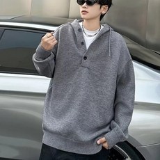 투니스 남성 반단추 스트링 니트 후드 스웨터