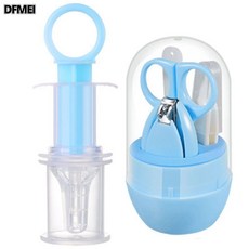 DFMEI 嬰兒硅膠喂藥器新生兒寶寶防嗆奶嘴式針筒滴藥器帶刻度, 1個, 如圖, 喂藥器+量杯+指甲剪套裝-藍色