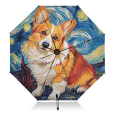 Panksolu 접이식 우산 Corgi in Van Gog 별이 빛나는 하늘 페인팅 컴팩트 여행 자동 휴대용 경량 방풍 햇빛 비 자외선 차단 대형, Panksolu 접이식 우산 Corgi in Van G