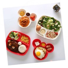 도시락통 분리형 간식그릇 곰돌이 나눔접시 어린이 급식용기 다구획 플레이트, 1개, 타원2칸 레드