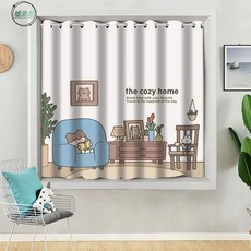 墟里居 卡通風免打孔安裝遮光窗簾家用臥室飄窗遮陽布客廳過道隔斷簾柜簾, 茶話會,窗/墻1.1-1.5寬）單開2.7高