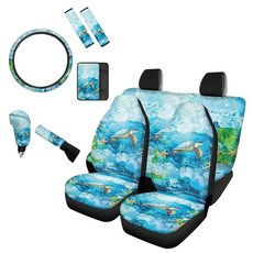 Forchrinse Bee Flower 카시트 커버 풀 세트 여성용 남성용 프론트 백 스플릿 벤치 및 스티어링 휠 커버 안전벨트 패드 코스터 키체인 범용 핏 트럭 SUV 또는, 바다 거북 블루 오션
