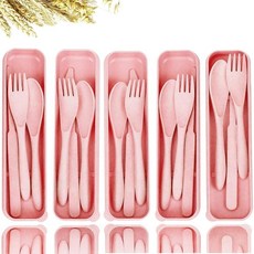 여행 기구 세트 - 재사용 가능한 밀짚 플라스틱 커틀러리 5세트 케이스 휴대용 포크 스푼 및 나이프 세트 친환경 BPA 프리 매일 사용 (다크 그린 오렌지 옐로우 퍼, 핑크 5개