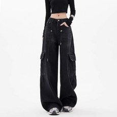 SAHINER 여성 와이드 카고 데님 팬츠 스트릿 루즈핏 봄바지 ANZ81