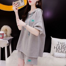 純棉連帽短袖T恤短褲兩件套 時髦套裝