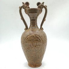 西晉 越窯 雕刻花紋雙龍尊瓶 手工仿出土 高25.6釐米, 如圖所示
