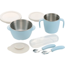 兒童不鏽鋼餐具套裝 - 寶寶學習餐具組，附蓋保鮮，易握好清洗, 淺藍色, 1套, 餐碗, 餐具