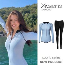 여성 웻슈트 스프링슈트 서핑슈트 레저 해루질 프리다이빙, 블루 원피스+롱 팬츠