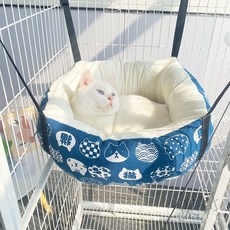 熱賣 日式睡窩貓吊床掛窩貓窩懸掛式貓咪秋韆曬太陽神器寵物吊籃貓籠子掛窩睡窩舒適寵物AKVO, 藏青色和風貓（灰絨）,M-大型, 1個