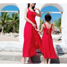 모녀 커플룩 해변 바캉스 레드 롱 원피스 민소매 휴양지 드레스