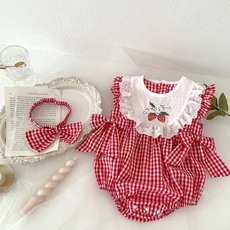 여름 아기 소녀 Romper + 머리띠 신생아 붉은 격자 무늬 딸기 자수 Onesies 의류 캐주얼하고 다양한 스타일