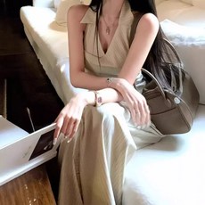 여성패션 정장세트 느슨한 빈티지룩 세트 봄여름 민소매 나시 상의 스트라이프 와이드 팬츠 DL2