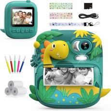 카메라 즉석 인쇄기 CAMCLID 24인치 화면 용 디지털 공룡 디자인 32GB 카드 3롤 용지 포함 크리스마스 생일 선물 장난감 남녀 312세용 초록색, 녹색