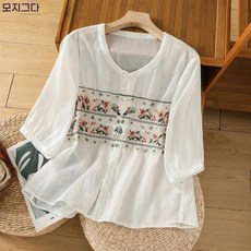 여성 레트로 자수 린넨셔츠 코튼 린넨 셔츠 특대 편안한 맞는 블라우스 예술적 여름 숙녀 탑 Camiseta Mujer