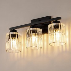 TALOYA 19인치 욕실 조명 기구 현대적인 3-라이트 브러시드 블랙 베니티 라이트 넓은 수직 리브가 있는 두꺼운 유리 그늘 벽 스콘 미러 메이크업 룸 복도 전구 포함되지 않음, Black, 3 Light