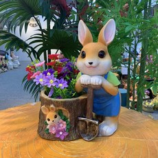 戶外花園裝飾 鐵鏟兔子樹樁花盆 動物雕塑擺件, 兔子樹樁花盆
