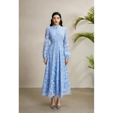 우아한 롱 랜턴 슬리브 드레스 하이 칼라 화려한 자수 꽃무늬 허리 조절 기장 여성 패션, 03 하늘색, 05 XL