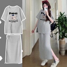 임산부 여름 캐주얼 세트 캐주얼 세트 반팔 티셔츠 롱 스커트 세트 데일리 패션 JS