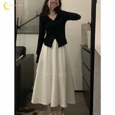 【泡芙小店】茶系高腰顯瘦半身長裙套裝 秋季韓版V領上衣兩件套