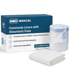 100팩 - 흡수성 패드가 있는 변기 라이너 대부분의 화장실과 호환되는 성인용 가방 젤 휴대용 의자용 일회용 침대 옆 백, 패드 포함 (100팩)