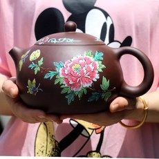 正宗宜興紫砂壺 原礦紫泥 清水泥 特大西施壺(附證書) - 宜興紫砂壺 西施壺 原礦紫泥 清水泥 茶壺 泡茶, 特大西施1600毫升手工釉彩花開富貴, 1個