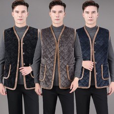 ROYALBELLE 남성 브이넥 단추 배색 패치워크 베스트 기모 두꺼운 보온 조끼 Z0120801