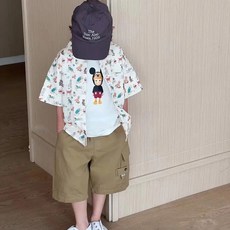夏季短袖襯衫親子裝 兒童短袖襯衫 短袖襯衫男女夏天 卡通港風花襯衫 男女童親子裝 男童襯衣