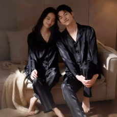 YOPENCE아이스 실크 줄무늬 커플 잠옷 긴팔 파자마 세트